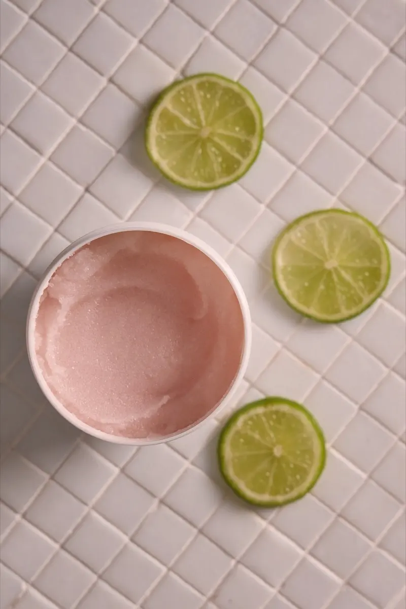 Exfoliante corporal sŏgi con limones sobre baldosa blanca.